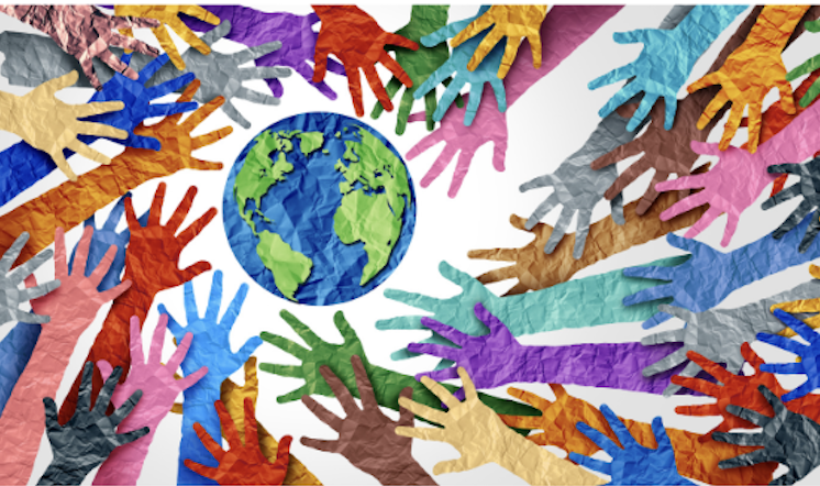 colorful hands reaching toward globe, diversity