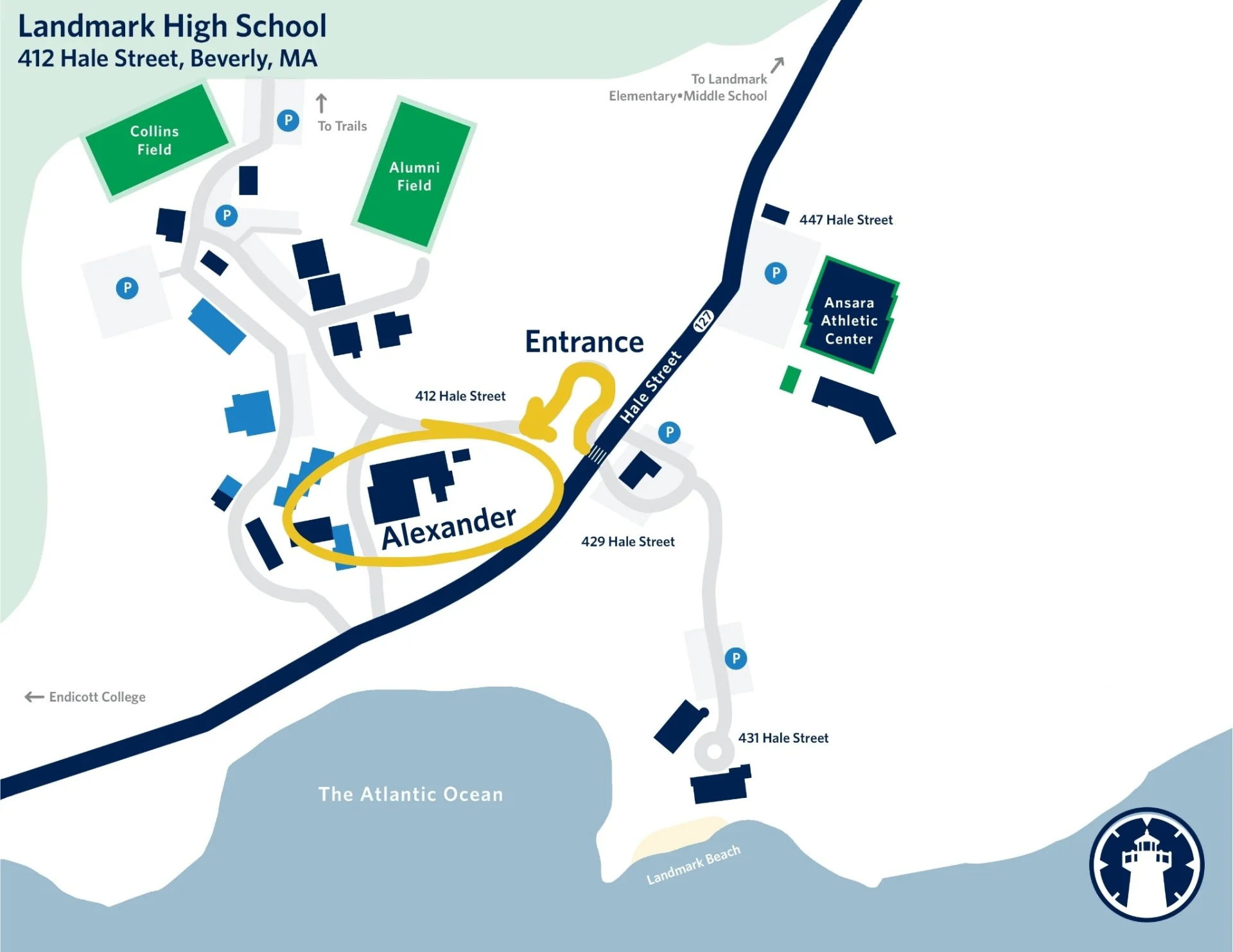 high school campus map highlighting alexander and entrance