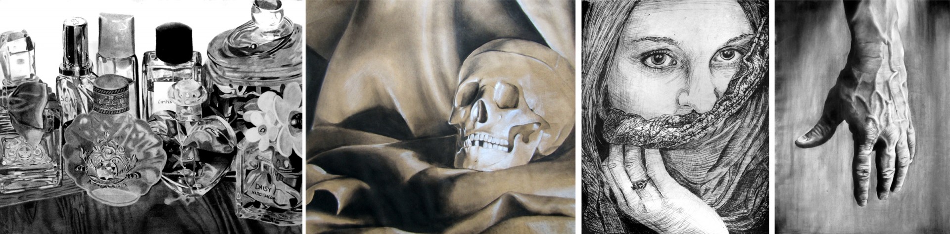 examples of student artwork in Landmark School's drawing class 