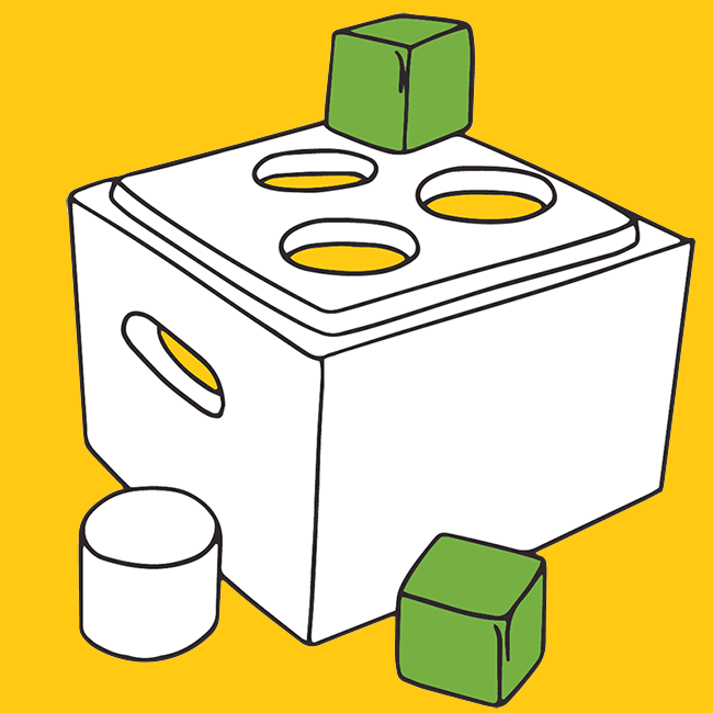 Sorting box with round holes and square pegs