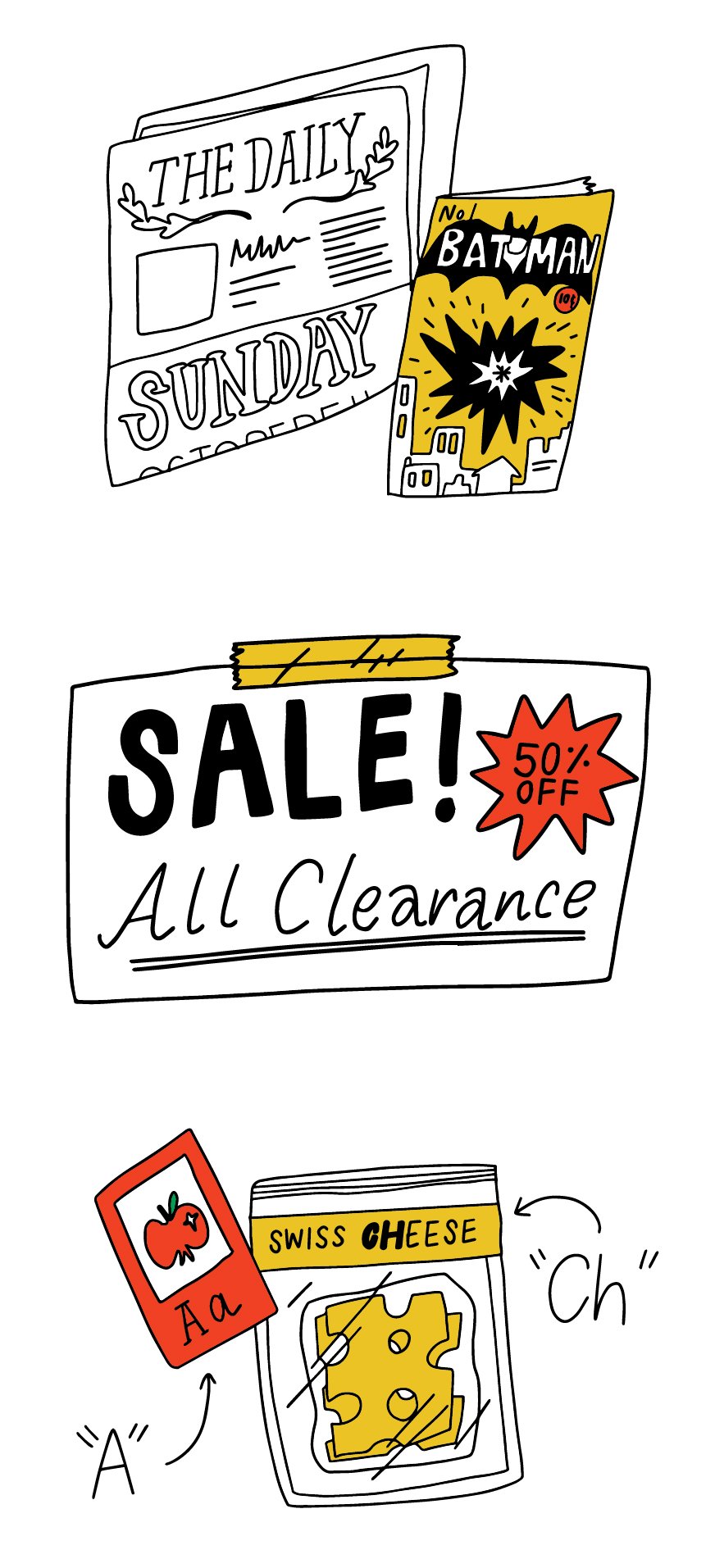Illustrations of a newspaper, comic book, sale sign and food packaging