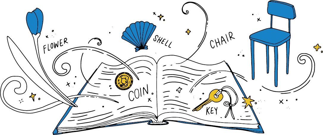 Illustration of an open book with words and pictures coming out of it