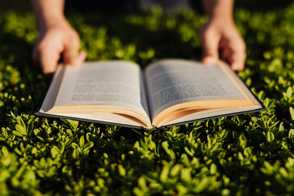 reading book on grass