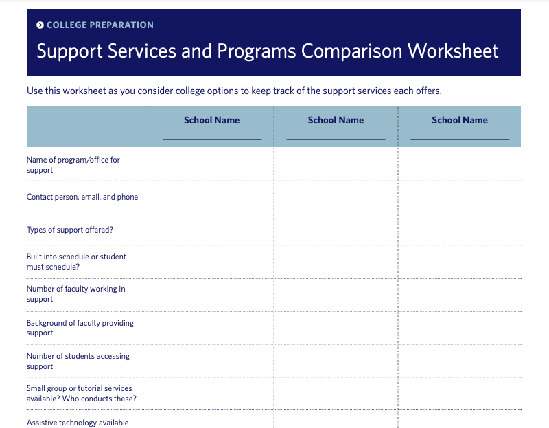 thumbnail of college support services comparison worksheet