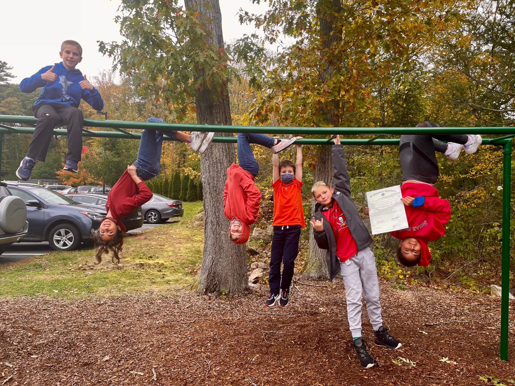 Kids on monkey bars wearing red for Dyslexia Awareness Month