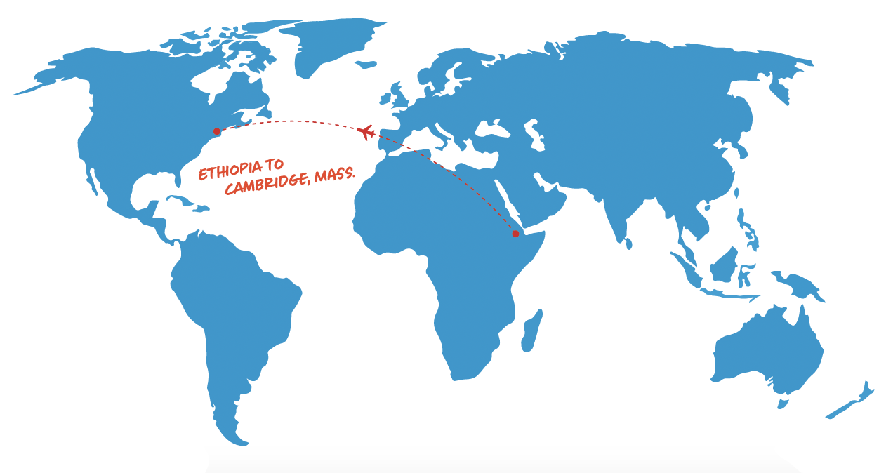 map of world with Ethiopia to Cambridge, MA